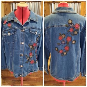 Jean Jacket shacket with 2-D flowers M Denim & Co